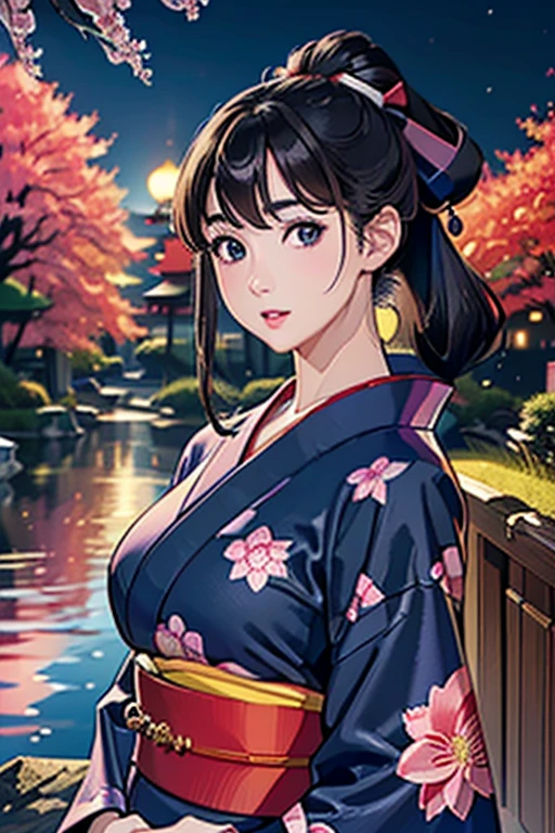 (Highest quality、 8k wallpaper、masterpiece、High resolution)、Vibrant colors、Ample breasts、Black hair in a Japanese round topknot、Beautiful girl in yukata、(Highly detailed face and eyes、Beautiful Face、Beautiful Eyes、Beautiful nose、Pretty lips)、A friendly gaze、Highly detailed background、Japanese garden、moonlight、Autumn scenery、Cowboy Shot、Official Art、