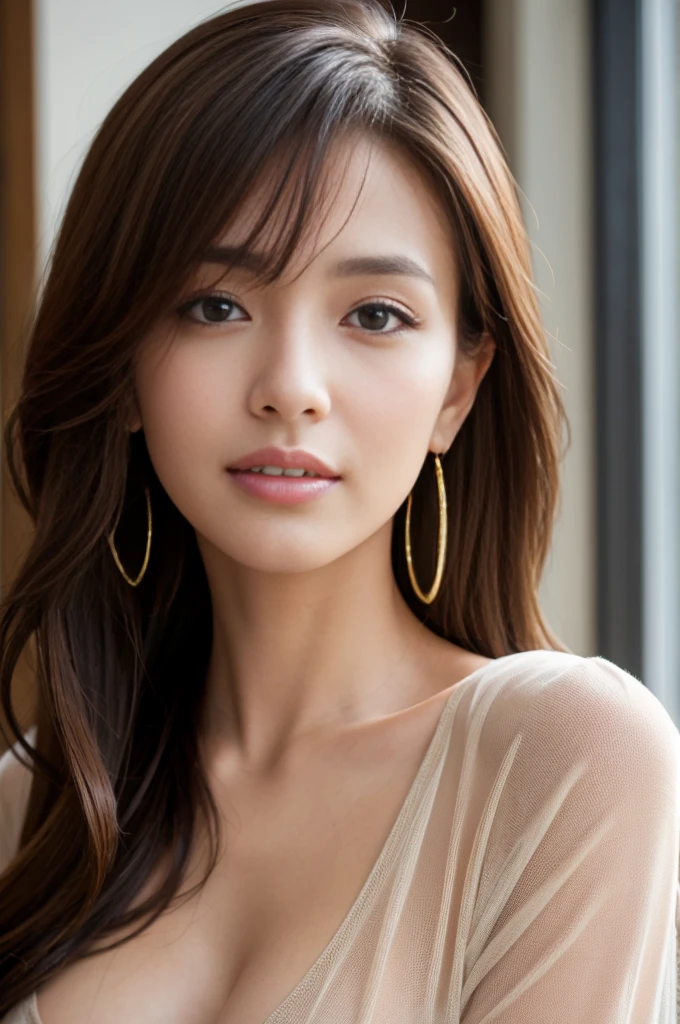 Tabletop, Highest quality, Realistic, Very detailed, finely, High resolution, 8k wallpaper, One beautiful woman,, Light brown messy hair, ,Big earrings、He is wearing a black see-through open-necked shirt.。...., Sharp focus, Perfect dynamic composition, Beautiful and detailed, Thinning hair, Detailed Realistic skin texture, smile, Close-up portrait, Model body type、president'secretary、mini skirt、High heels、whole body、suit、