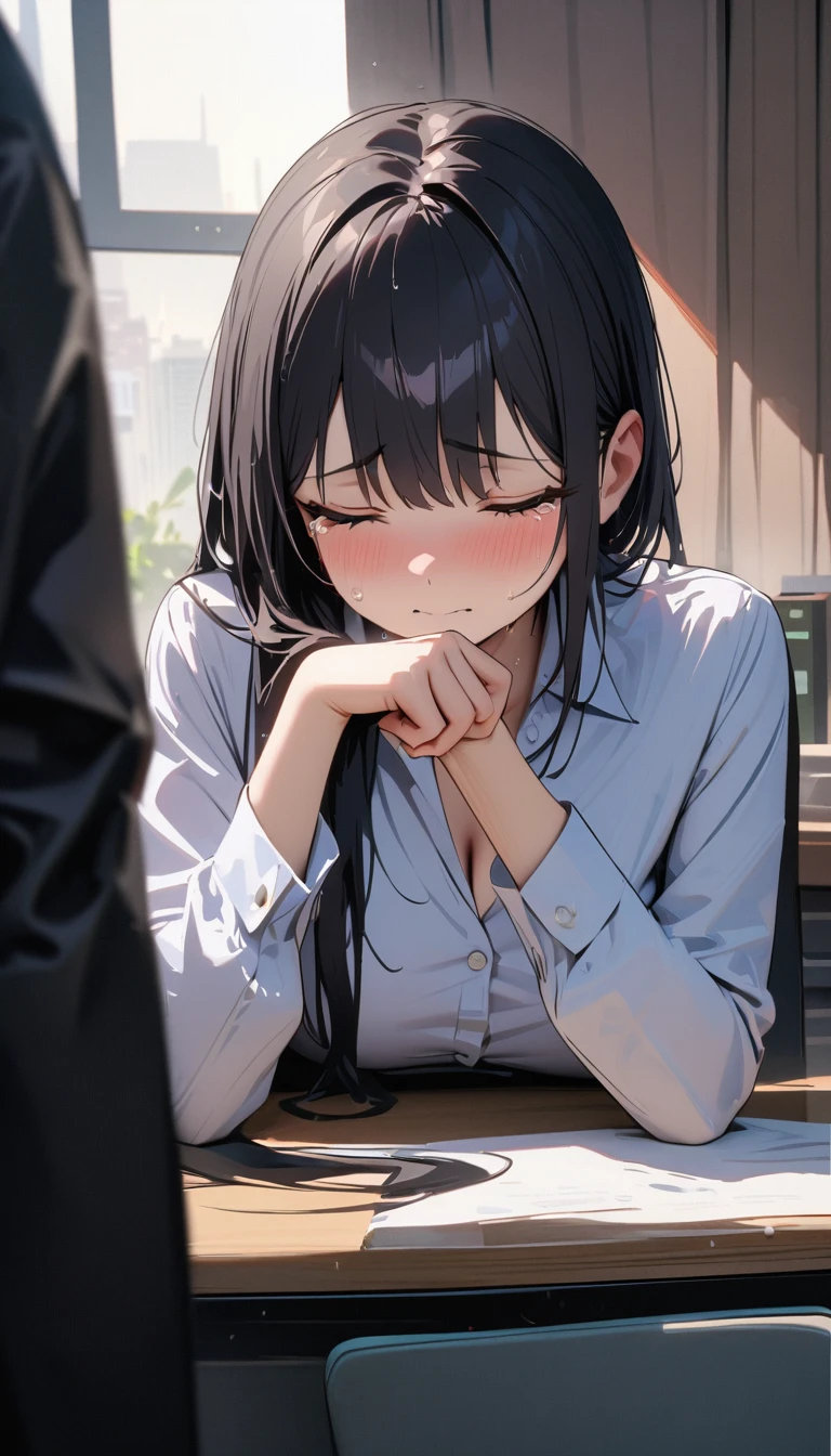 modern, Verism, masterpiece, textured skin, super detail, best quality, 4K,Woman in tears,Age 27,Clothing of office workers ,Black Hair,Slender,Wiping away the tears with my hands.
