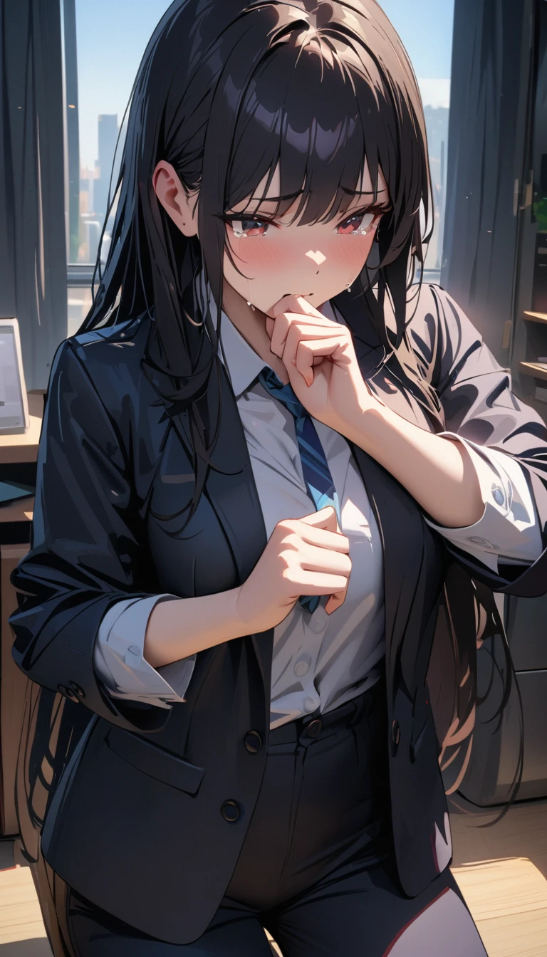 modern, Verism, masterpiece, textured skin, super detail, best quality, 4K,Woman in tears,Age 27,Clothing of office workers ,Black Hair,Slender,Wiping away the tears with my hands.
