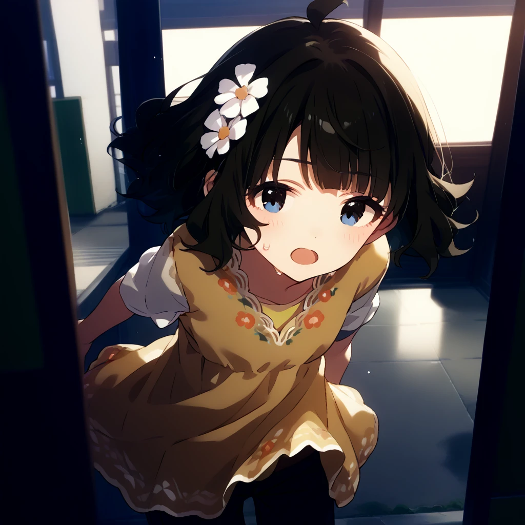 score_9, score_8_up, score_7_up, source_anime, best quality, masterpiece, official art, absurdres, highres, ultra-detailed,waifu2x,Collection: Slice of Life,break,1girl, uou momoko, casual, ahoge, short hair, blue eyes, eyebrows visible through hair, wavy hair, blunt bangs, yellow dress, print dress, floral print, yellow shirt, short over long sleeves, layered sleeves, hair ornament, hair flower, white flower, black pants, pants under dress, capri pants, pants rolled up, sweat, open mouth, (yawn:0.3), sleepily, outdoors, wind,break,(clear line illustration:1.2), super detailed skin,very high resolution, very aesthetic, Best sexual lighting powered by famous artist, 8k,cute picture,beauty illustration,photoshop_(medium),,(Detailed Lighting),best anime 8k konachan wallpaper, pixiv contest winner,