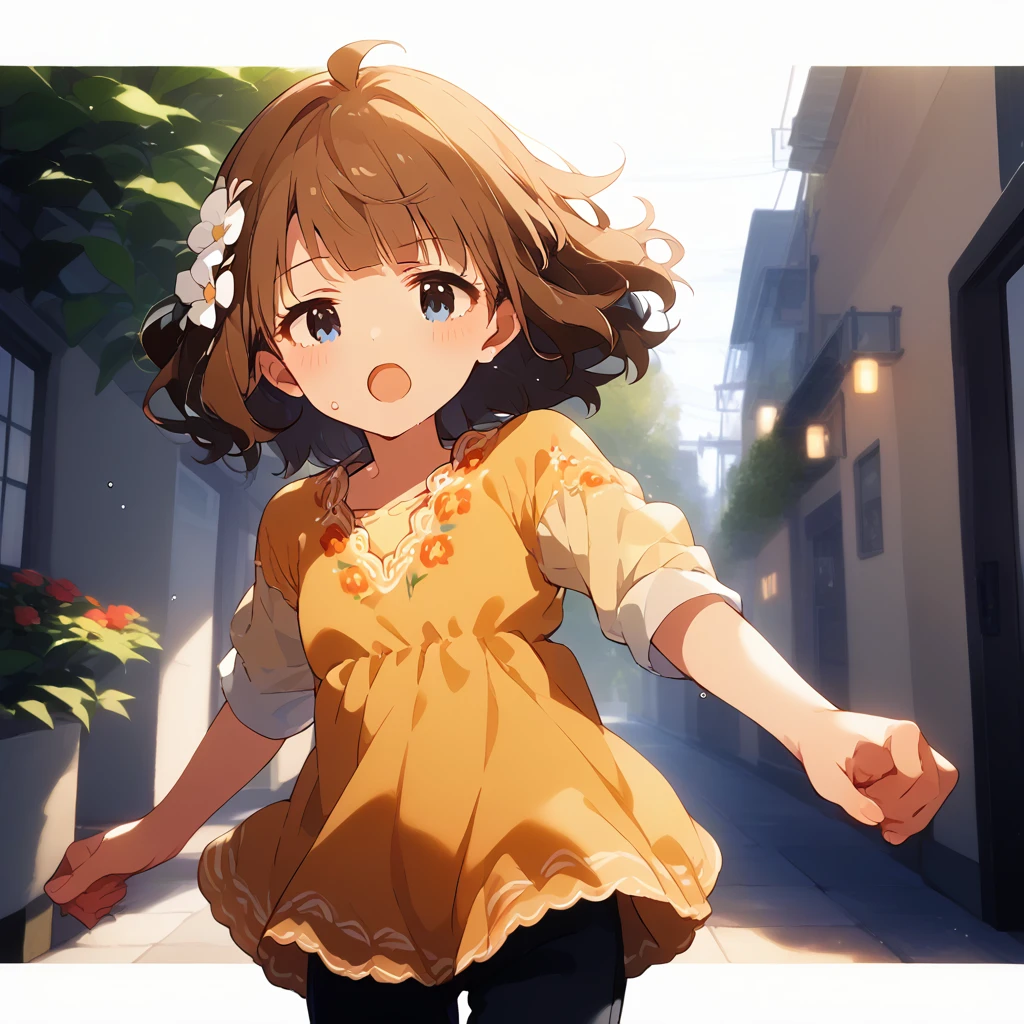 score_9, score_8_up, score_7_up, source_anime, best quality, masterpiece, official art, absurdres, highres, ultra-detailed,waifu2x,Collection: Slice of Life,break,1girl, uou momoko, casual, ahoge, short hair, blue eyes, eyebrows visible through hair, wavy hair, blunt bangs, yellow dress, print dress, floral print, yellow shirt, short over long sleeves, layered sleeves, hair ornament, hair flower, white flower, black pants, pants under dress, capri pants, pants rolled up, sweat, open mouth, (yawn:0.3), sleepily, outdoors, wind,break,(clear line illustration:1.2), super detailed skin,very high resolution, very aesthetic, Best sexual lighting powered by famous artist, 8k,cute picture,beauty illustration,photoshop_(medium),,(Detailed Lighting),best anime 8k konachan wallpaper, pixiv contest winner,