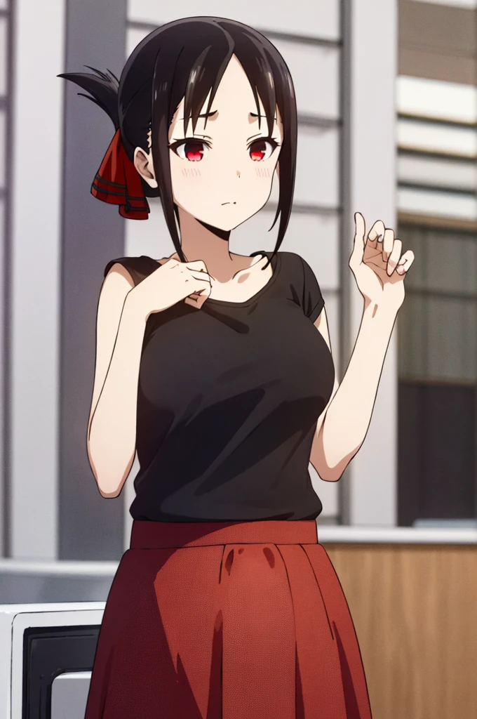 best quality, (masterpiece:1.2), detailed,
shinomiya kaguya,
1girl, solo, closed mouth,
black hair, red eyes, short hair, folded ponytail, hair ribbon, black top shirt showing the belly, Thin pink bra, prostitute clothes, short black skirt, red ribbon,
standing, looking at the viewer, huge breasts(1.5), pregnant (1.6), belly showing, pregnant belly, ((cum on face, upper body))