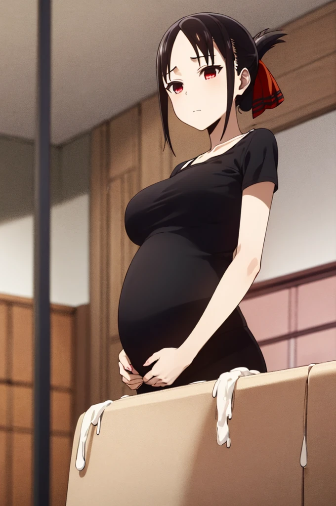 best quality, (masterpiece:1.2), detailed,
shinomiya kaguya,
1girl, solo, closed mouth,
black hair, red eyes, short hair, folded ponytail, hair ribbon, black top shirt showing the belly, Thin pink bra, prostitute clothes, short black skirt, red ribbon,
standing, looking at the viewer, huge breasts(1.5), pregnant (1.6), belly showing, pregnant belly, ((cum on face, upper body))