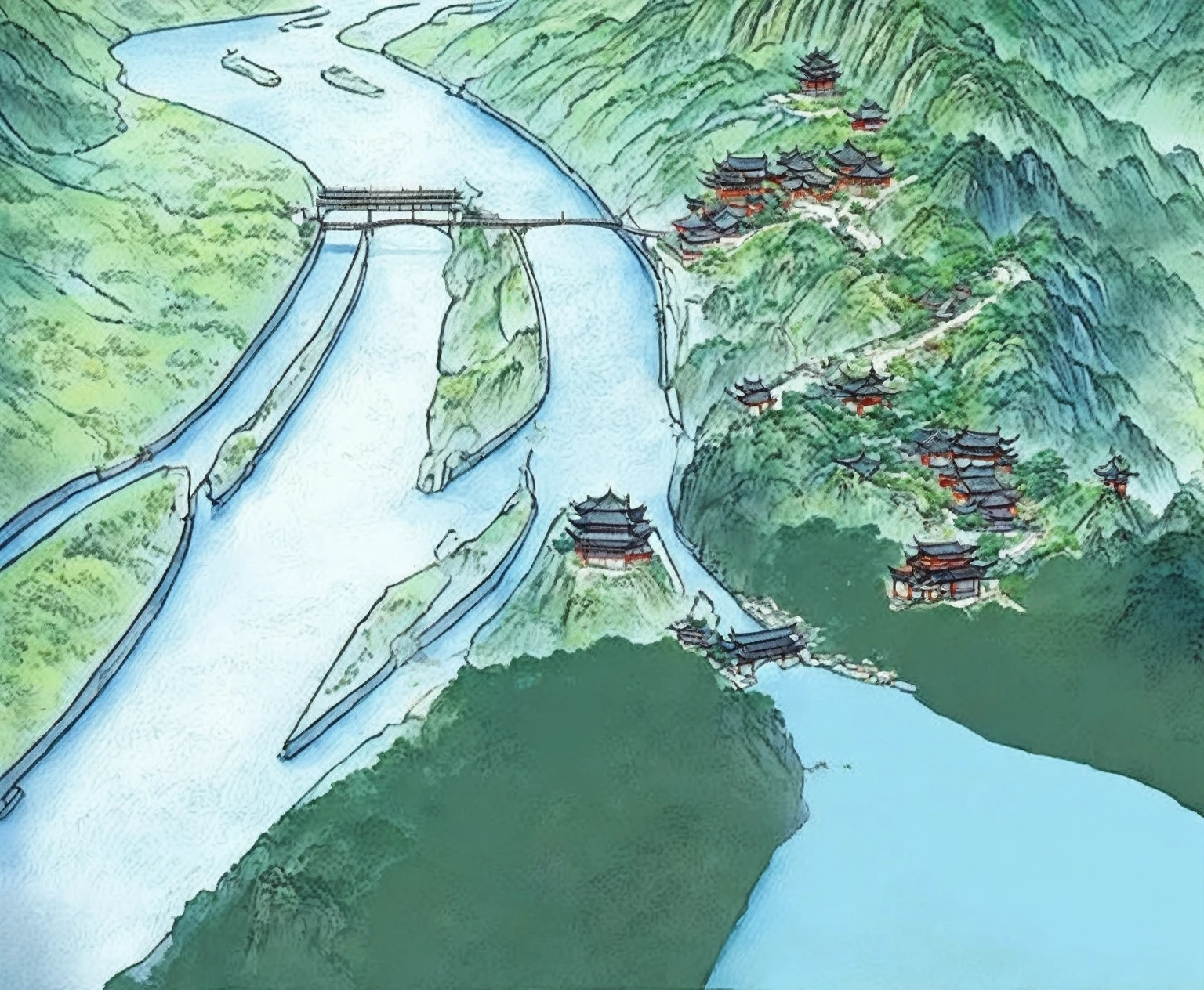 There is a map of the mountain city, Wide river,Chinese Architecture。Chinese-style bridge,Vast forest,Oasis on the River,Dam at Daheng,Detailed water surface,author:Randolph Caldecott, (Watercolor, masterpiece, Line Art, Illustration Art, Professional line art, Super complex and detailed, Chinese painting,8k:1.3)