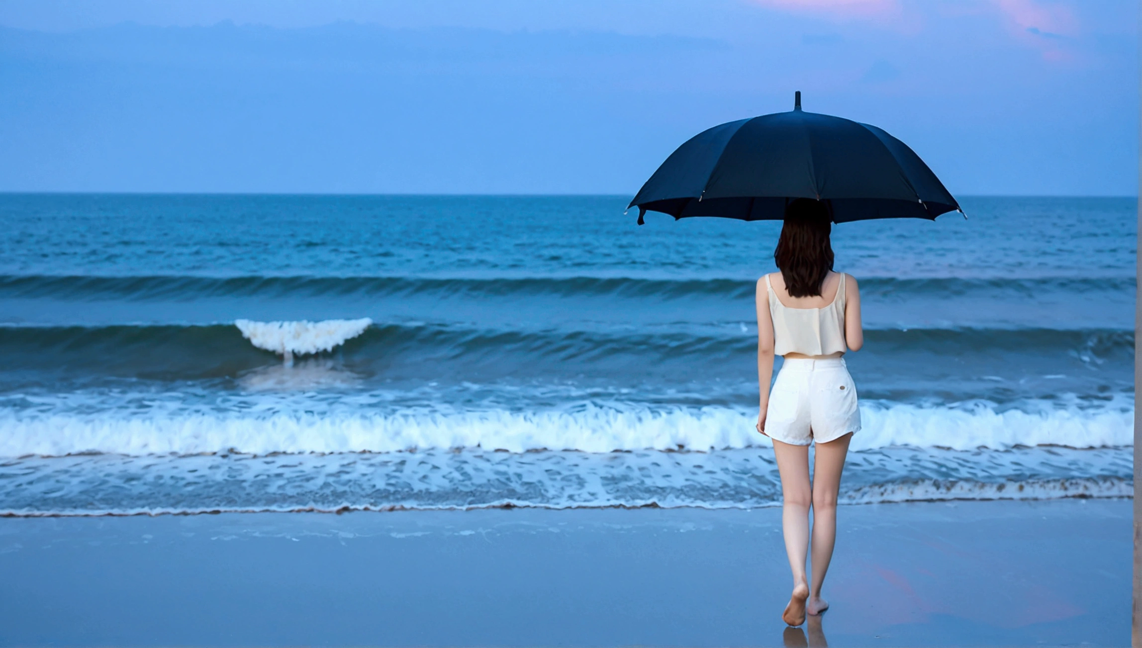 K, Vivid picture quality, Vivid picture quality, long deserted beach, walking slowly from afar, Short hair, beautiful appearance, Model-like body, sunset의 붉은 빛, sunset, alone, afternoon, depressed, tide가 밀려온다, rain, medium size black umbrella, ocean, tide, wind, rain가 내리는, Short and slim Korean woman, Clear picture quality, tower, White shorts, rain가 내리는, Looking at the sea with a black umbrella, the sun goes into the sea