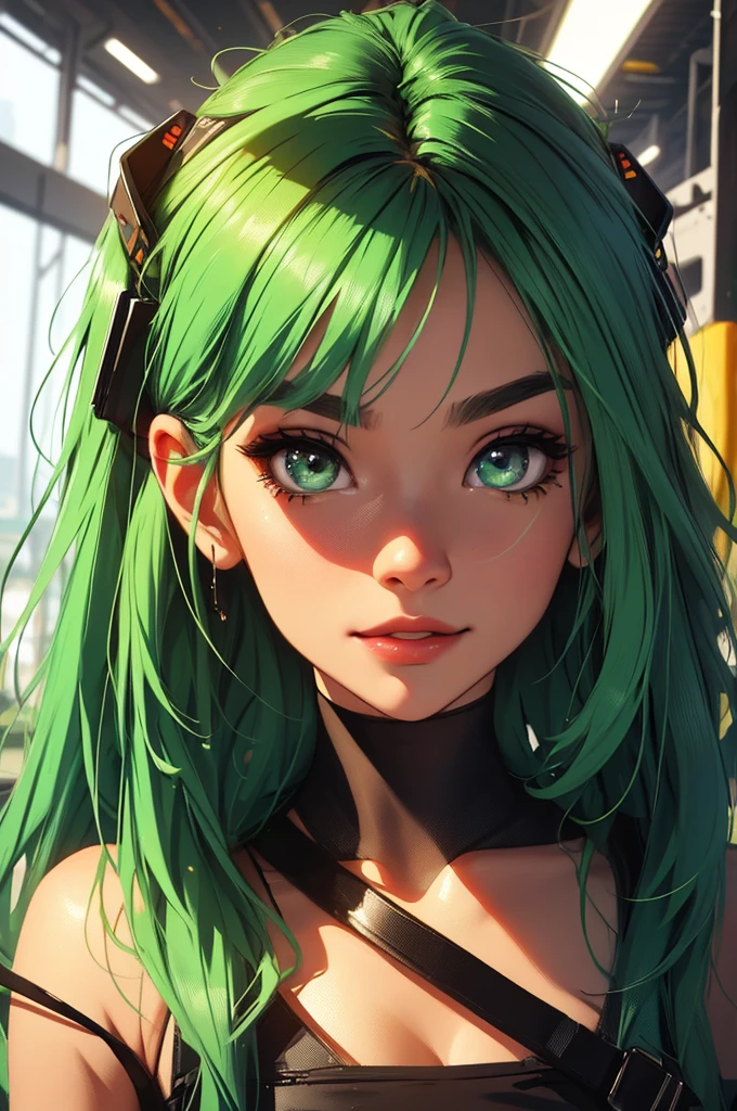 green hair, zoom in face, close-up, portrait, futuristic girl in a mechapunk hangar, (work of art, best qualityer, ultra detali, high resolution, 4K),(beautiful detailed eyes),(very highly detailed face),(1 girl),HDR,long hair, Shorts, phone, eyes browns, bracelet, regatta, to attend, lips, focus only, glaze, Blurry background, ssmile, wristto attend, realisitic, Blurry, looking ahead at viewer