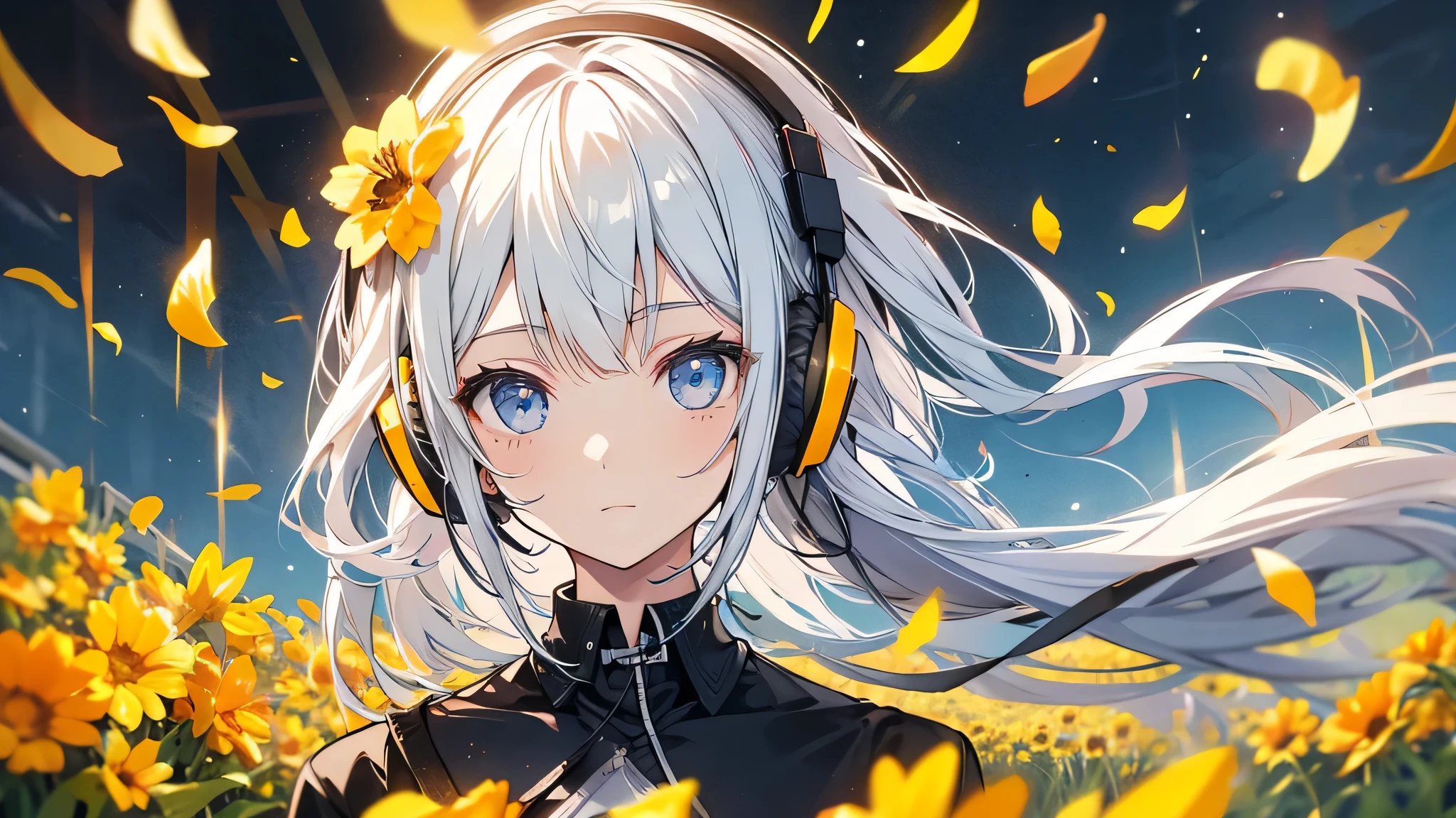 Girl wearing headphones in a flower field