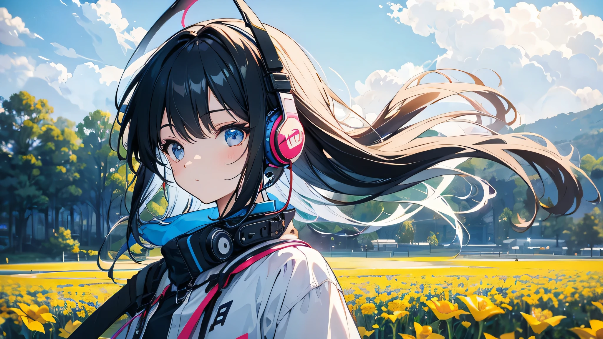 Girl wearing headphones in a flower field