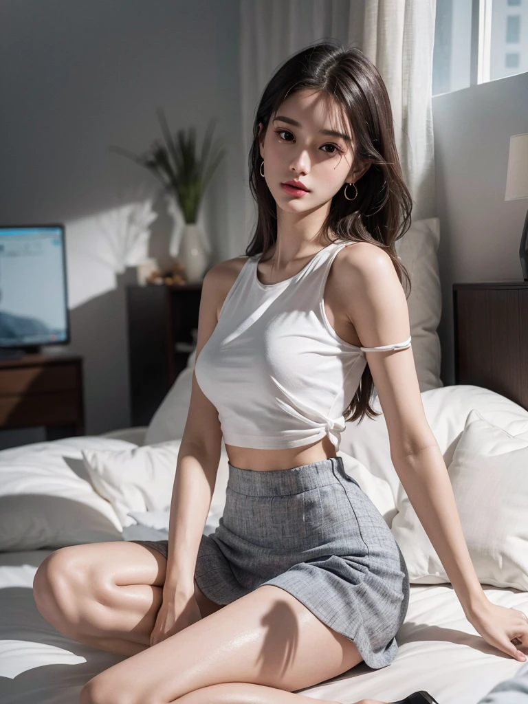 absurdres, RAW photo, extremely delicate and beautiful, masterpiece, Best Quality, ultra high resolution, 32k, hyperrealistic, ultra-detailed, perfect anatomy, super Detailed skin, perfect figure, Super Beauty, Perfect Style, Perfect balance, Beautiful Lighting, Perfect Lightning, Realistic Shadows, 20 years old, very Slim body, narrow waist, very small head, very small face, delicate facial features, handsome detailed woman, very detailed eyes and face, realistic face proportions, Realistic beautiful face, Realistic beautiful eyes, tearful mole, earring, very huge round breasts, legs, medium hair, whole body shot, indoor, tight skirt, cropped T-shirt,