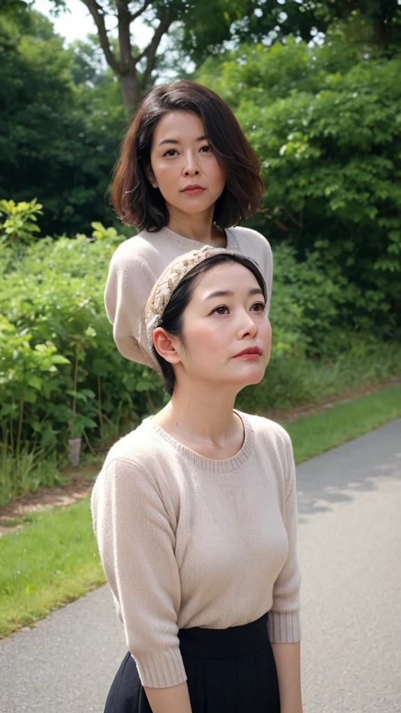 Japanese Garden,good、highest quality,Japanese ,Realistic characters, shape, Very detailed, finely, High resolution, Finely beautiful eyes,, Center of chest, Natural color lip, Wearing a short-sleeved crew neck summer knit,60-year-old 、Standing on a country road、Gazing into the distance、My hair is fluttering in the wind、A thinking expression、Bust up images、Slightly chubby、