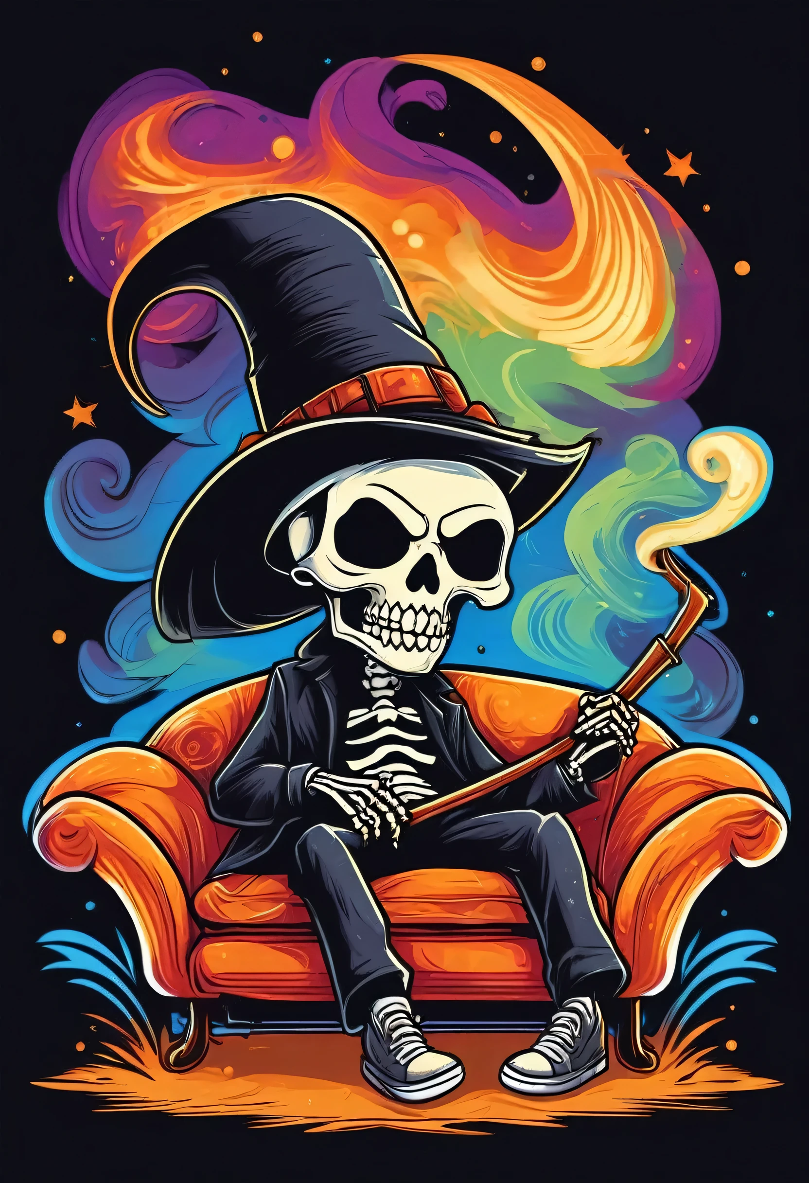 A whimsical and charming Chibi Stoner Reaper illustration showcases a playful skeletal figure with large eyes, wearing a stylish hat and lounging on a cozy couch. This endearing Reaper character is puffing on a joint, surrounded by a cloud of smoke, exuding a laid-back vibe. The typography features bold, eye-catching letters with a unique and edgy design, presenting the thought-provoking caption, "WHO WANTS TO LIVE FOREVER?" The overall mood of this piece is lighthearted, humorous, and slightly surreal, offering a fresh take on dark fantasy., typography, illustration, dark fantasy