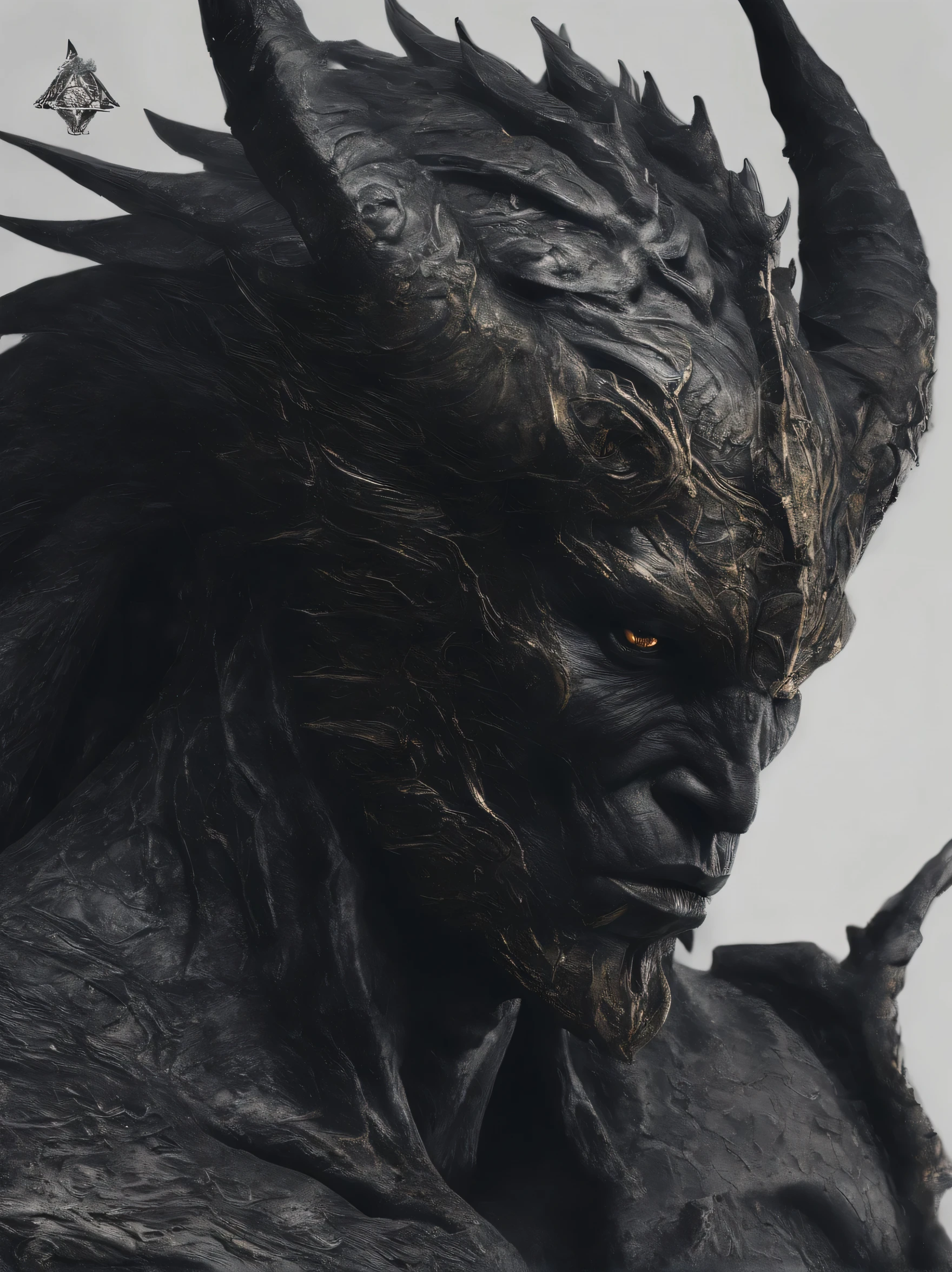 A majestic, imposing beast with black,shiny skin, curved horns, deep-set eyes radiating mysterious light, muscular and powerful body, ancient runes inscribed emitting ethereal glow, detailed shiny black skin texture of dense shadows, curved well-defined horns with solid, shiny substance, intense eyes with subtle shine, environment highlighting duality of mystery and power, carefully chosen lighting to highlight characteristics of each shape without losing details like ancient runes in bestial form