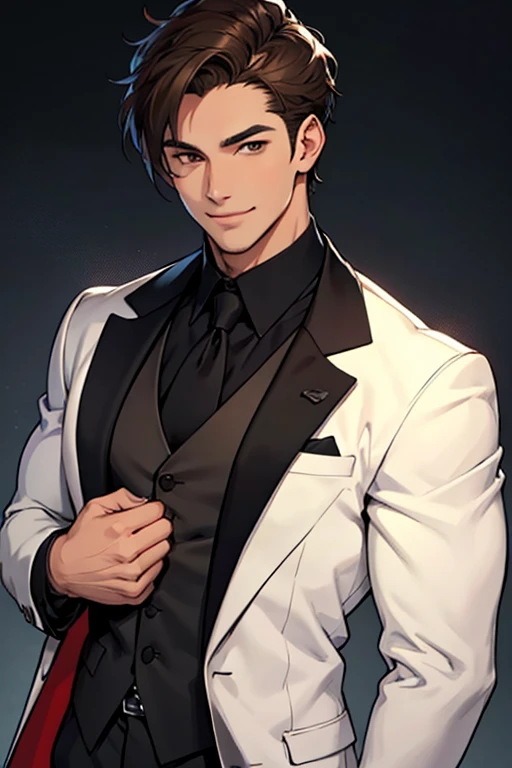 , 1.80, wearing a black coat with white formal wear underneath, Brown hair, Brown eyes,short hair, marked muscles, handsome, SMILE, cheered up
