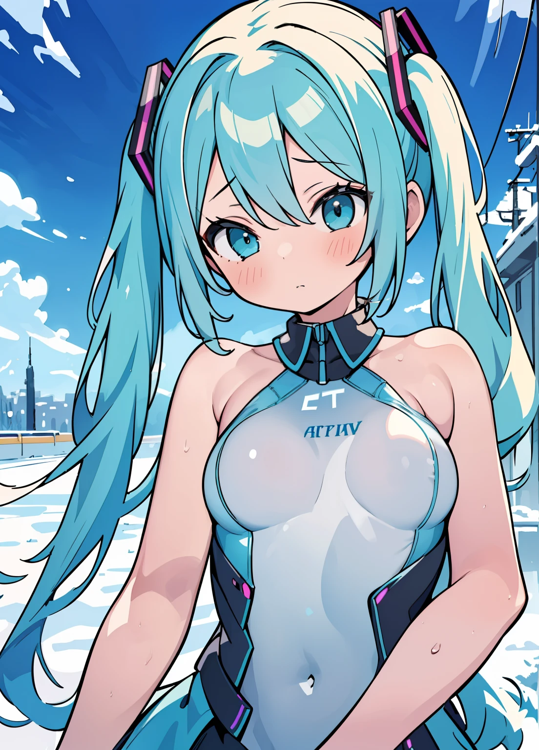 (masterpiece、Highest quality、Highest quality、Official Art、Beautiful and beautiful:1.2)、(One girl:1.3)Hatsune Miku、Twin tails,Beautiful breasts,speed skating、grit、Beauty、Landscape、Upper body、breast enhancement