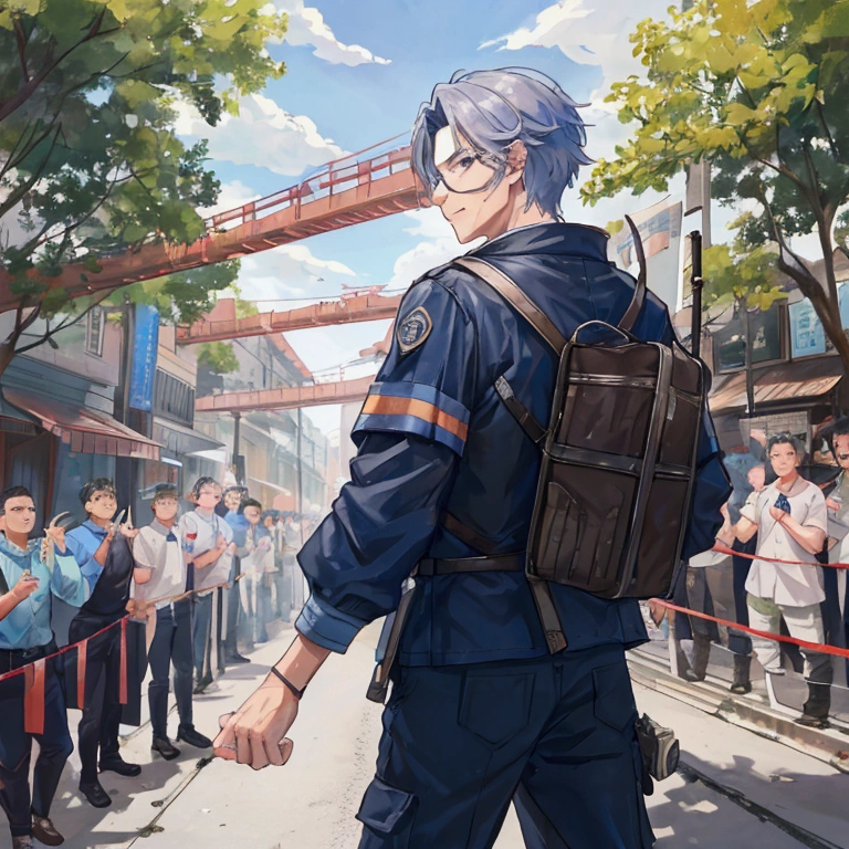 A middle-aged male adventurer expressing his gratitude and determination to a large group of residents.。In the background、A scene of the defense line being improved and the supply system being improved.、It depicts the residents understanding their roles and taking action.、Please express it in a way that gives a sense of new order and unity to the whole town.。