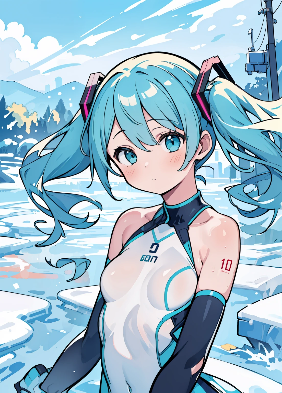 (masterpiece、Highest quality、Highest quality、Official Art、Beautiful and beautiful:1.2)、(One girl:1.3)Hatsune Miku、Twin tails,Beautiful breasts,speed skating、grit、Beauty、Landscape、Upper body、breast enhancement