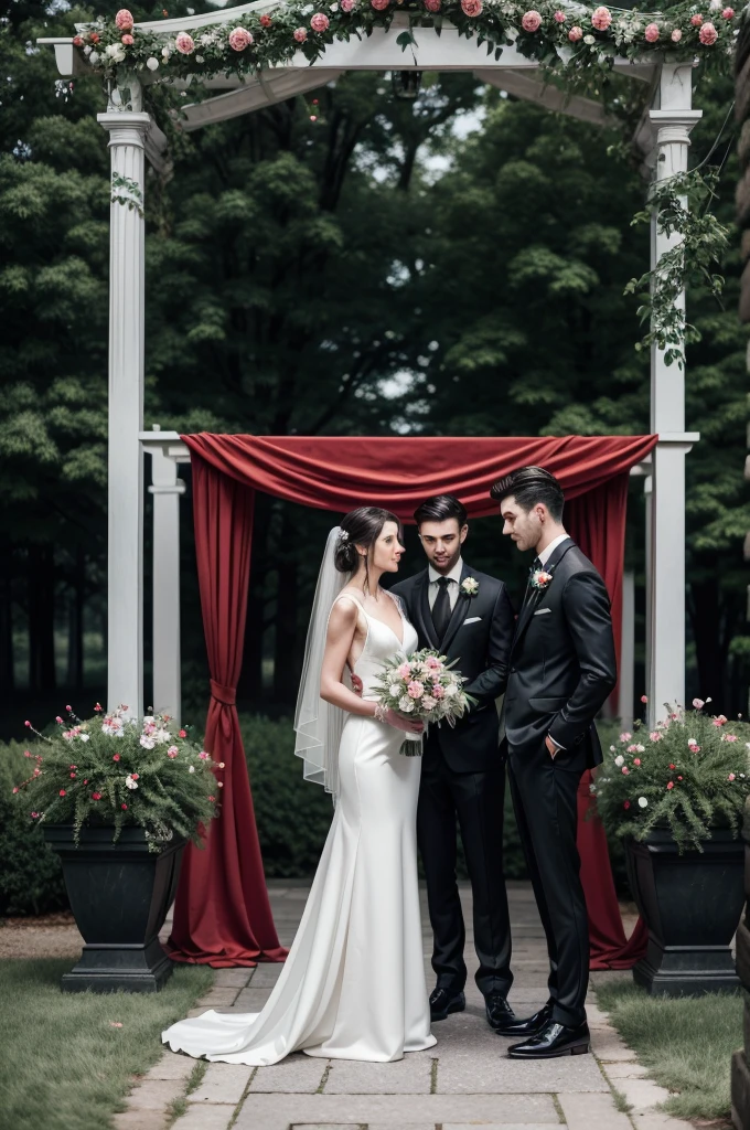 The setting is an elegant outdoor wedding, with a beautiful landscape in the background, perhaps a flower garden or a well-decorated patio. The ceremony takes place under an arch covered in flowers, with chairs arranged in rows for guests.
Men:
outfits:
Both men are wearing elegant dark red suits., that exude sophistication and style. The dark red color is deep and rich, standing out in a striking way.
The inside shirts are black, creating a striking contrast with the dark red suit.
The pants are the same fabric and color as the suit, creating a cohesive and harmonious look.
They wear polished black shoes, that complete the look with a classic touch.