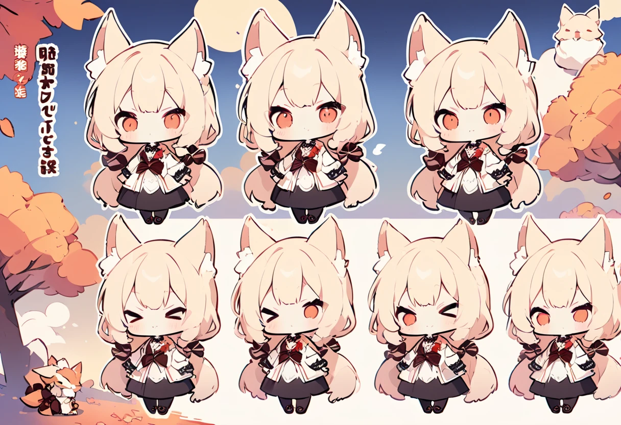 Anime, two heads, cute fox girl, autumn, multiple poses and expressions, different angles, character sheet, fashionable clothes, illustration, white background,