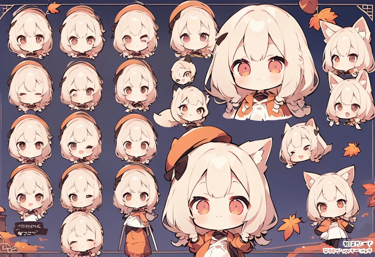 Anime, two heads, cute fox girl, autumn, multiple poses and expressions, different angles, character sheet, fashionable clothes, illustration, white background,