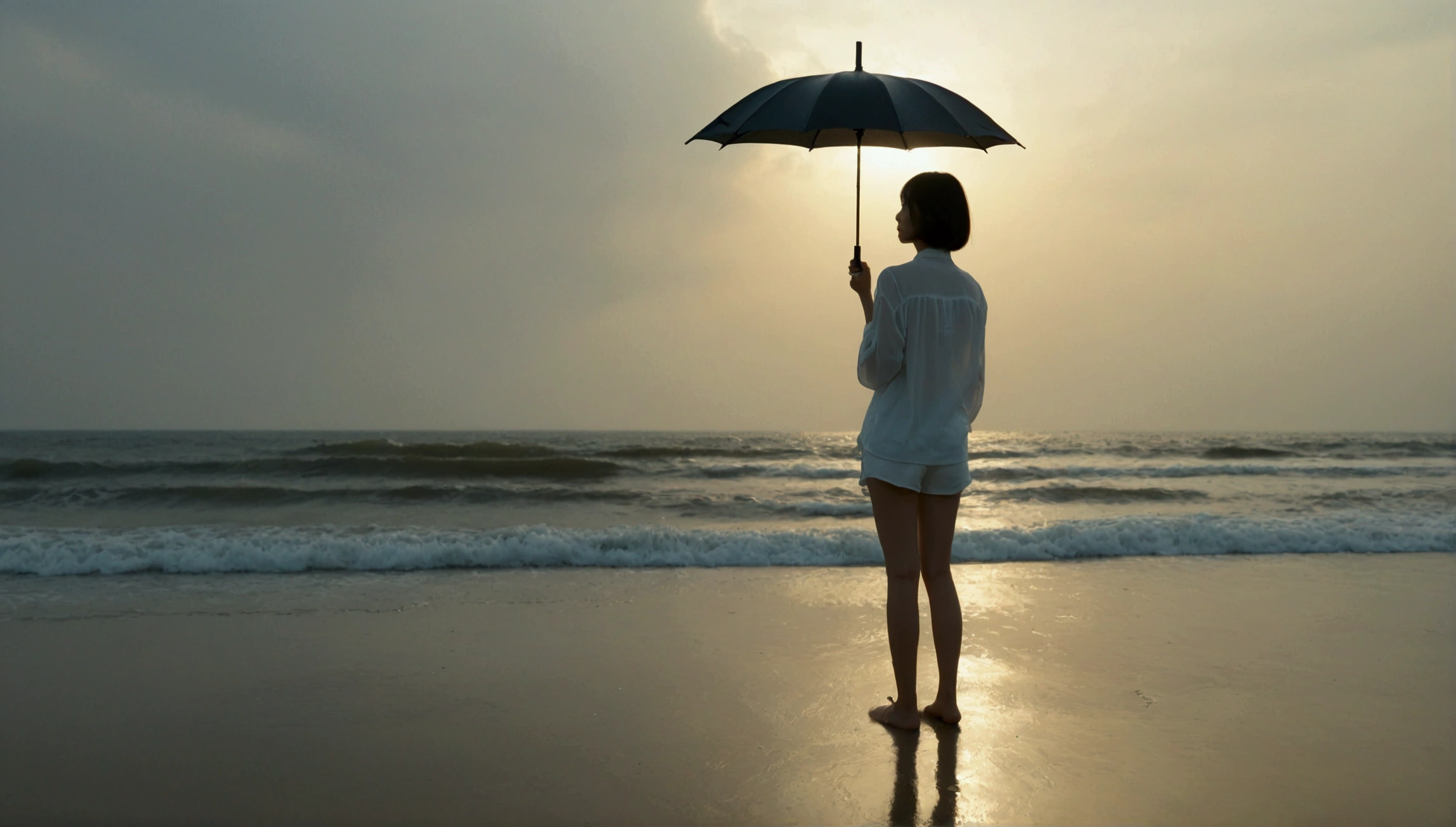 K, Vivid picture quality, Vivid picture quality, long deserted beach, walking slowly from afar, Short hair, beautiful appearance, Model-like body, sunset의 붉은 빛, sunset, alone, afternoon, depressed, tide가 밀려온다, rain, medium size black umbrella, ocean, tide, wind, rain가 내리는, Short and slim Korean woman, Clear picture quality, tower, White shorts, rain가 내리는, Looking at the sea with a black umbrella, the sun goes into the sea, Short hair
