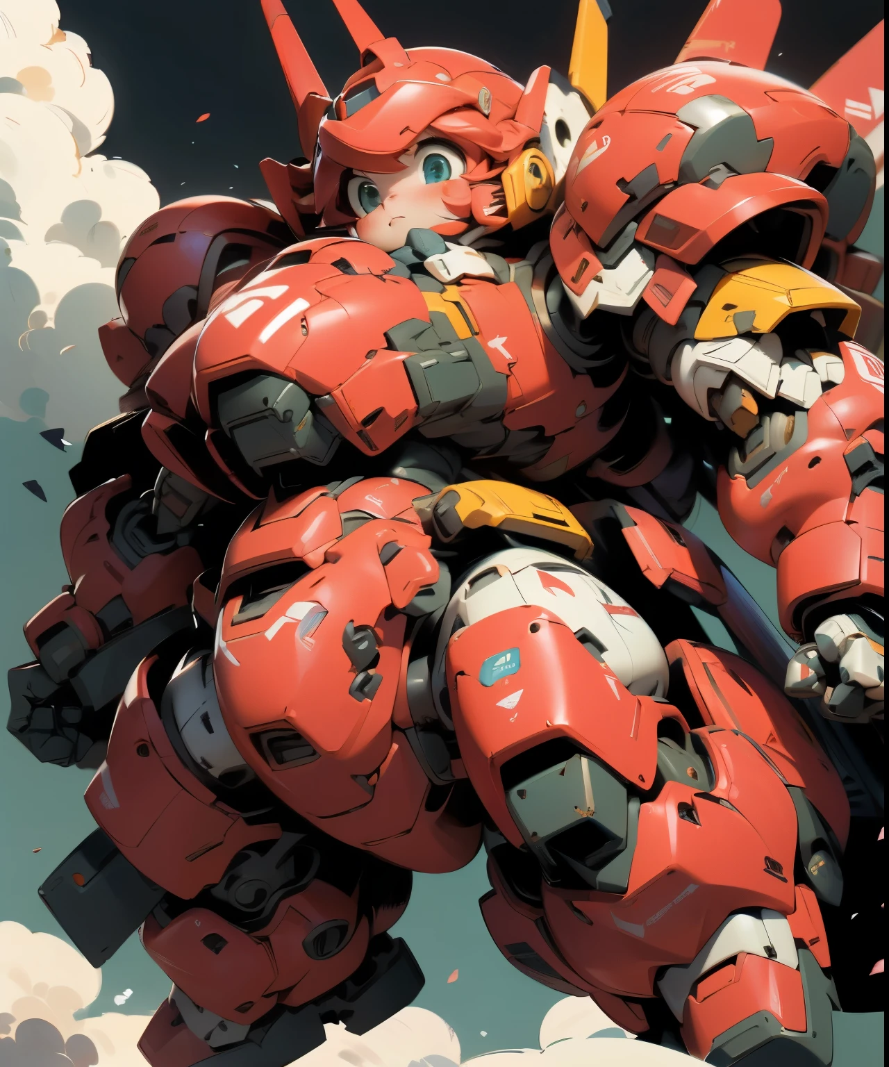 (((1 chibi girl in large red-colored robot costume, from below))), (holding weapons), (((helmet:1.5))), (((looking down:1.4))), ssmile, (chibi), (bulky:1.5), large cute face, mechanical parts, ((mechanical wings)), (full armor:1.8), (mecha armor:1.8), (shoulder guards:1.2),(huger arms), ((mechanical arms:1.5)), (short legs), (huger body:1.8), (heavy equipment:1.6), (from below), (headgear), blue sky, white clouds, robot joints, becoming a mecha, mecha, (RARS), (HRS), ROBOTANIMESTYLE, BJ_Cute_Mech,cute, girl
BREAK
((masterpiece)), vibrant colors, 8k, best quality, ultra detailed illustration, ((best quality)), ((high resolution)), flawless skin textures, shiny oiled skin, extremely detailed anime eyes , extreme light and shadow,