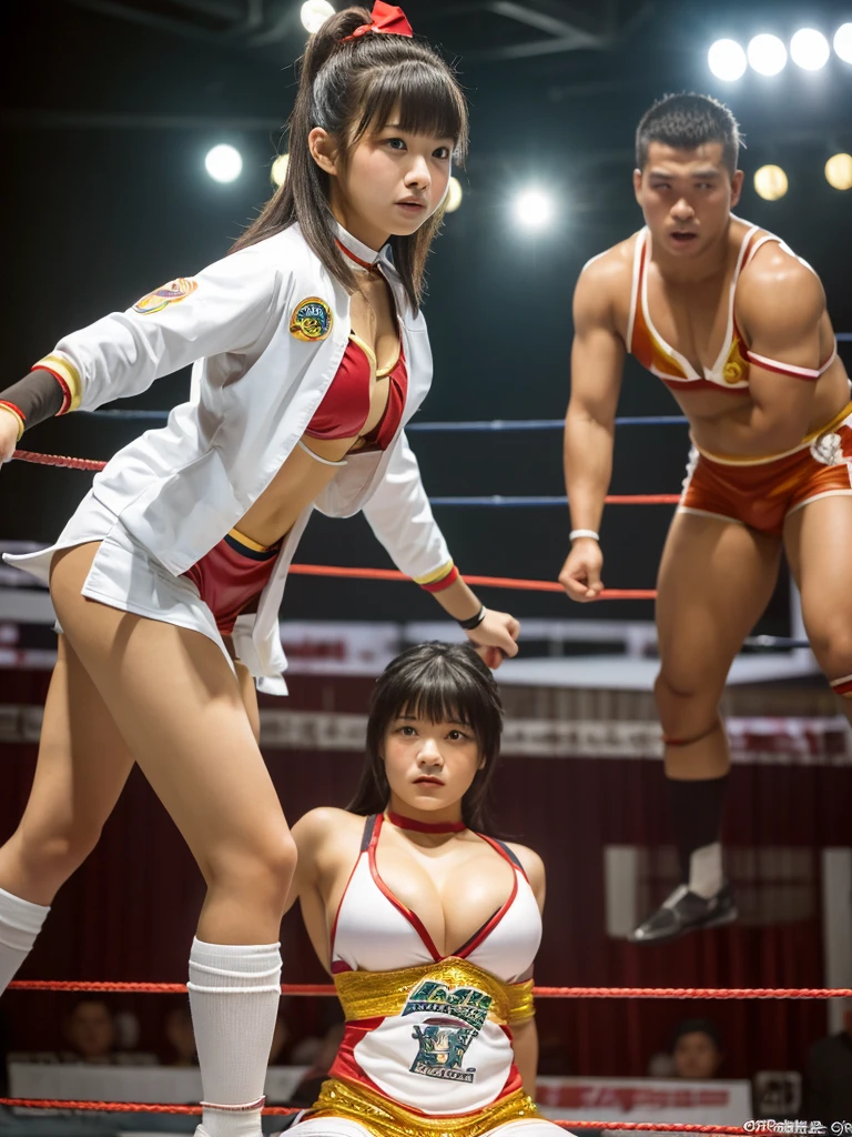 ((highest quality, masterpiece :1.3)), Photorealistic、Ultra-high resolution、Natural skin texture、Hyperrealism、Photograph from the knee up、Beautiful Japanese girl in her early s、Professional wrestler costumes、Larger breasts、Glaring at the enemy