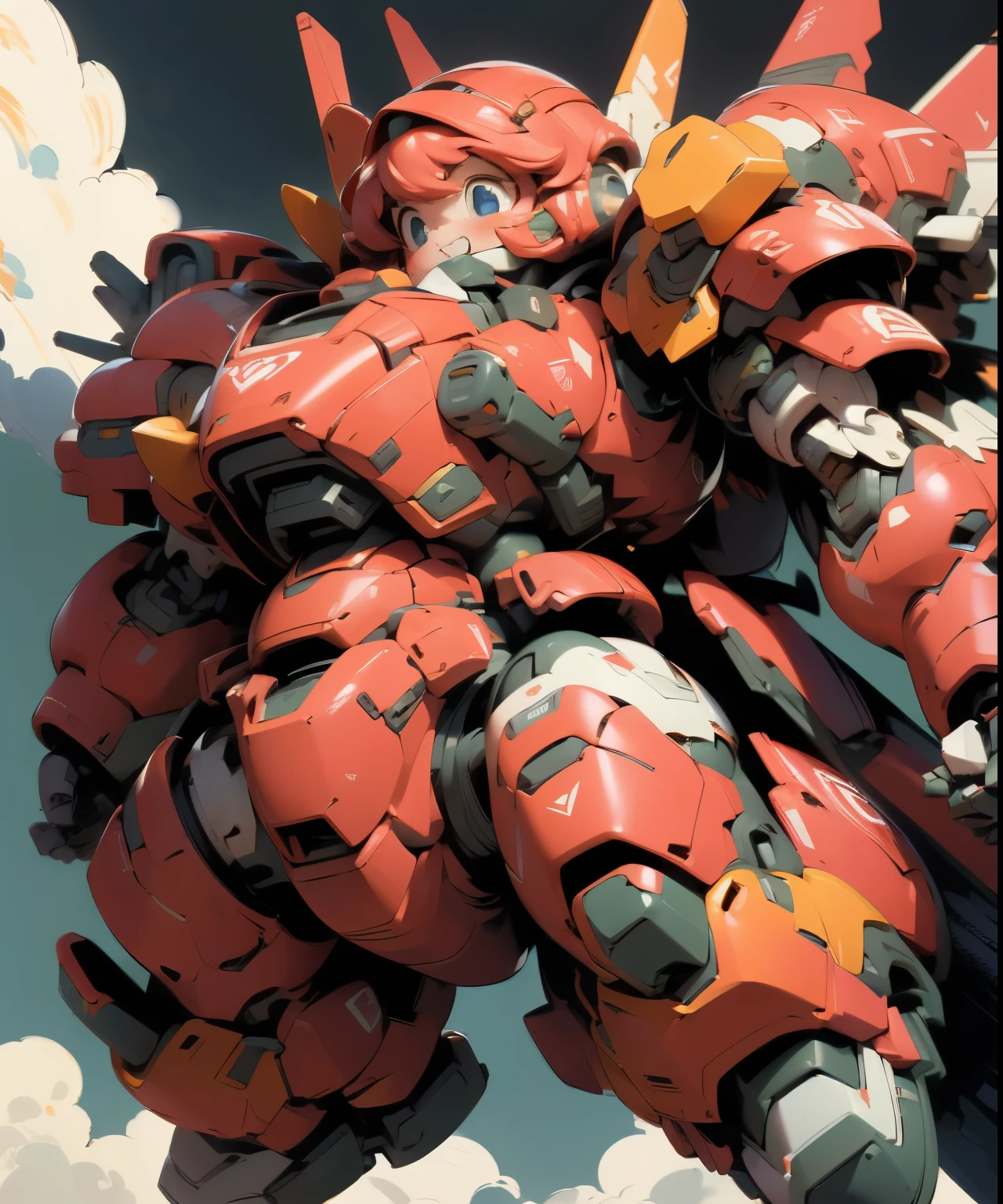 (((1 chibi girl in large red-colored robot costume, from below))), (holding weapons), (((helmet:1.5))), (((looking down:1.4))), ssmile, (chibi), (bulky:1.5), large cute face, mechanical parts, ((mechanical wings)), (full armor:1.8), (mecha armor:1.8), (shoulder guards:1.2),(huger arms), ((mechanical arms:1.5)), (short legs), (huger body:1.8), (heavy equipment:1.6), (from below), (headgear), blue sky, white clouds, robot joints, becoming a mecha, mecha, (RARS), (HRS), ROBOTANIMESTYLE, BJ_Cute_Mech,cute, girl
BREAK
((masterpiece)), vibrant colors, 8k, best quality, ultra detailed illustration, ((best quality)), ((high resolution)), flawless skin textures, shiny oiled skin, extremely detailed anime eyes , extreme light and shadow,