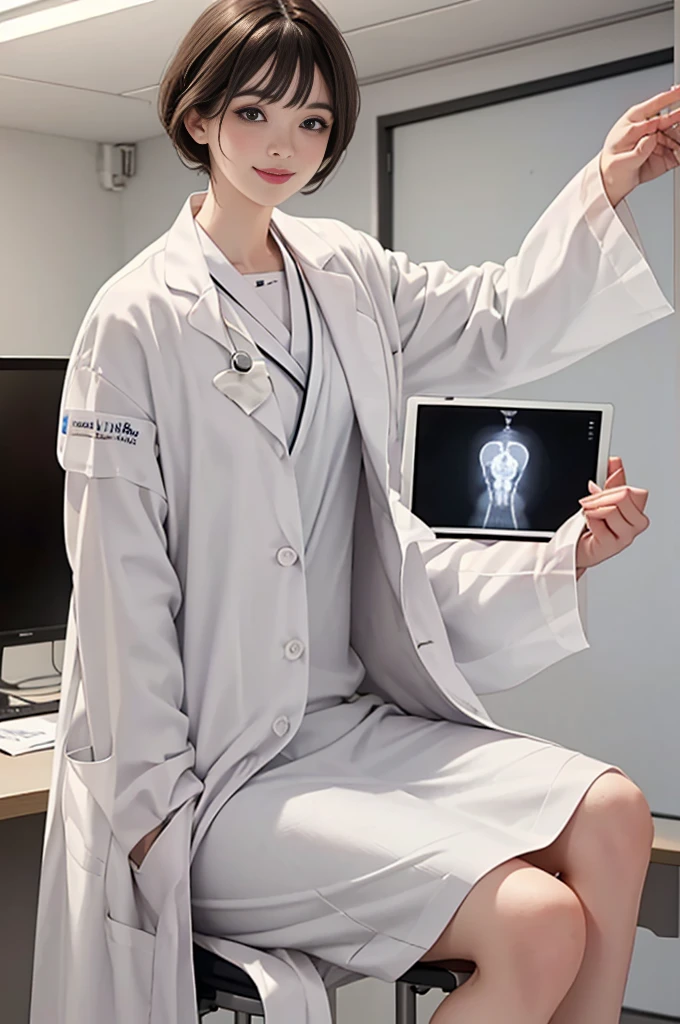 Doctor, 1 woman, solo, sitting (Looking at the audience), (white lab coat:1.5), long skirt ,Stylish clothes mature woman /(dark brown hair/) Bangs, smiling kindly (The best quality masterpiece:1.2) , Delicate illustrations, Special details, (hospital examination room) In the building, desk (X-ray image of the lungs:1.2) Detailed background