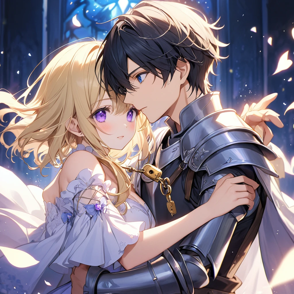 Two people、Boy and Girl、(Beautiful blonde boy with blue eyes、knight)、(A girl with short black hair and purple eyes、A delicate and beautiful wizard)、A boy takes a lock of a girl's hair and kisses it