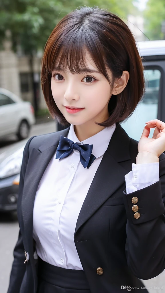 busty woman dressed in sexy secretary style, Hair cut with bangs
