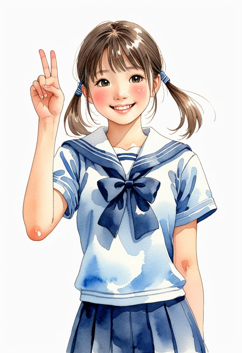 Hand-drawn watercolor illustration, One Girl,Japanese junior high school students, Light blue sailor suit(Short sleeve),13 years old, smile,Point diagonally upwards,cute, cute, Simple, Pencil line drawing