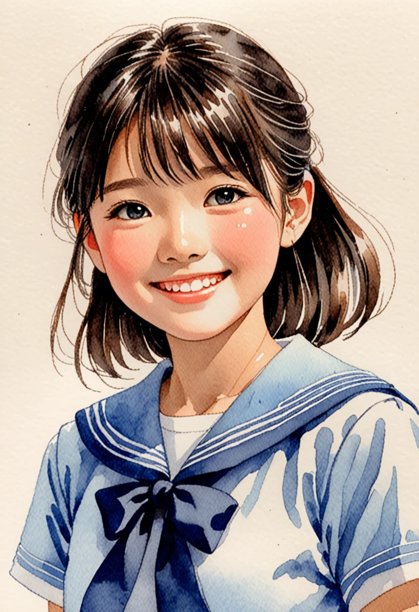 Hand-drawn watercolor illustration, One Girl,Japanese junior high school students, Light blue sailor suit（Short sleeve）,13 years old, smile,Point diagonally upwards,cute, cute, Simple, Pencil line drawing