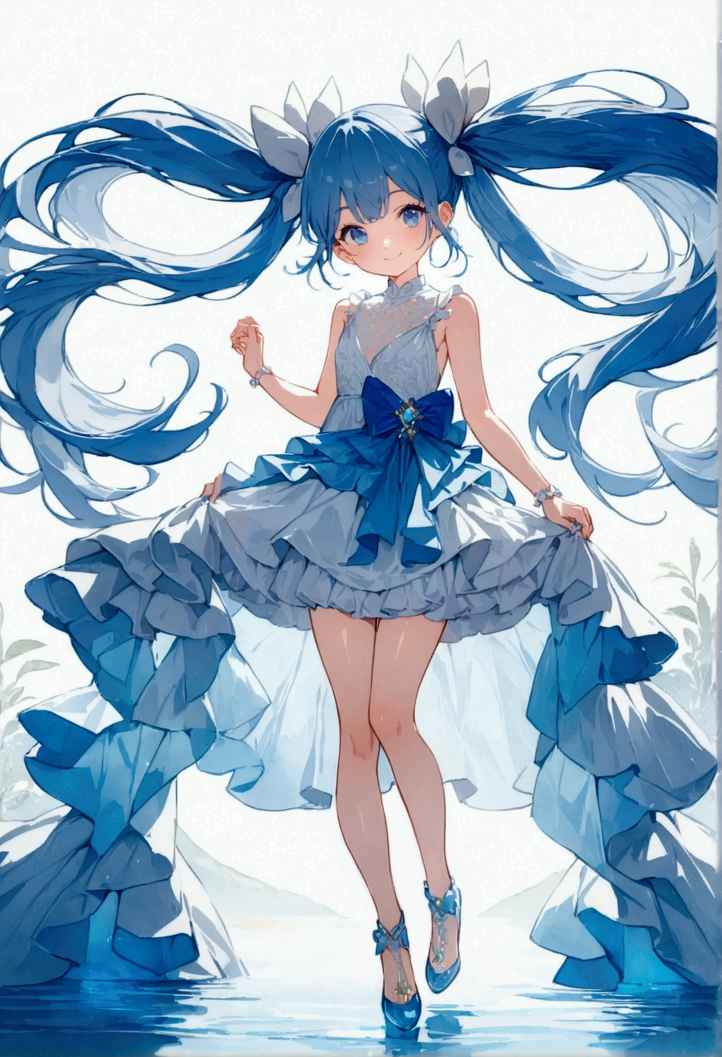 watercolor medium style, full body, (female): 1girl, (solo), (perfect face), (detailed outfit), (little girl), beautiful female, smile (happy), blue hair, long hair, twintails hair, blue eyes, (blue light effect),() (white background), (masterpiece:1.4), (best quality), (ultra-detailed)