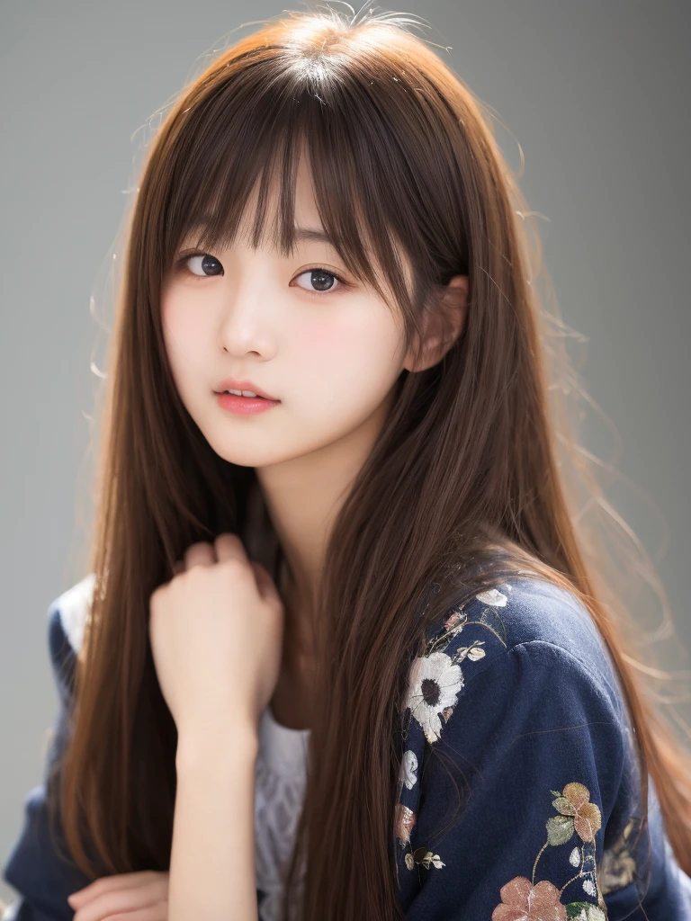 Realistic painting、Best image quality、Cute Japanese Girl、Beautiful Japanese Girl、1 girl、(Miyu Ozono)19 years old、Highly detailed faceと肌の質感、sophistication、Highly detailed face、beautiful girl、Long Hair、With bangs、pretty girl、(lips are plump、especially the upper lip)、Open your mouth a little、perfection、最高級のbeautiful girl、she'Become even cuter、16 years old、Active Idol、hair ornaments