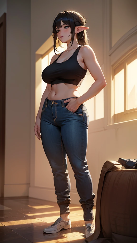 masterpiece, Highest quality,Two Girls, Hugging while looking at the camera,Tank top 8k,High resolution, (pants:1.2),(Excellent rendering, Stand out in the same class), (Amazing details, Excellent lighting, Wide-angle), , elf, Detailed Background、