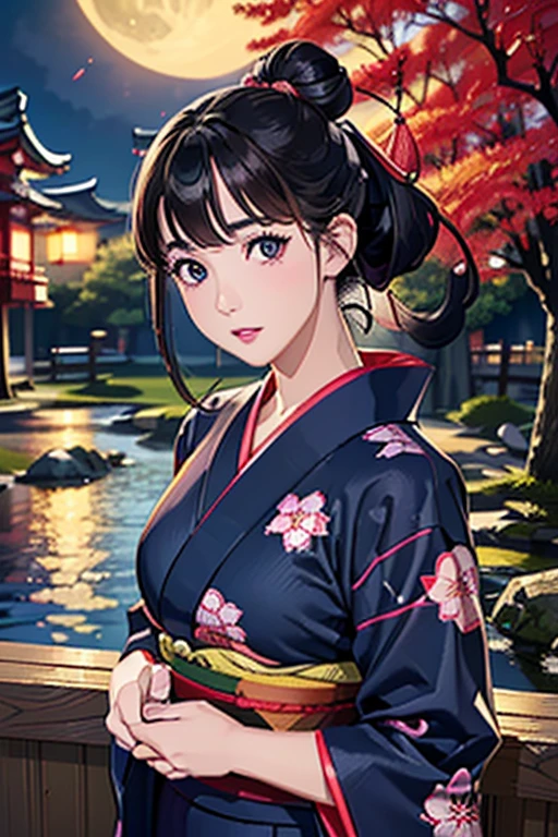 (Highest quality、 8k wallpaper、masterpiece、High resolution)、Vibrant colors、Ample breasts、Black hair in a Japanese round topknot、Beautiful girl in yukata、(Highly detailed face and eyes、Beautiful Face、Beautiful Eyes、Beautiful nose、Pretty lips)、A friendly gaze、Highly detailed background、Japanese garden、moonlight、Autumn scenery、Cowboy Shot、Official Art、