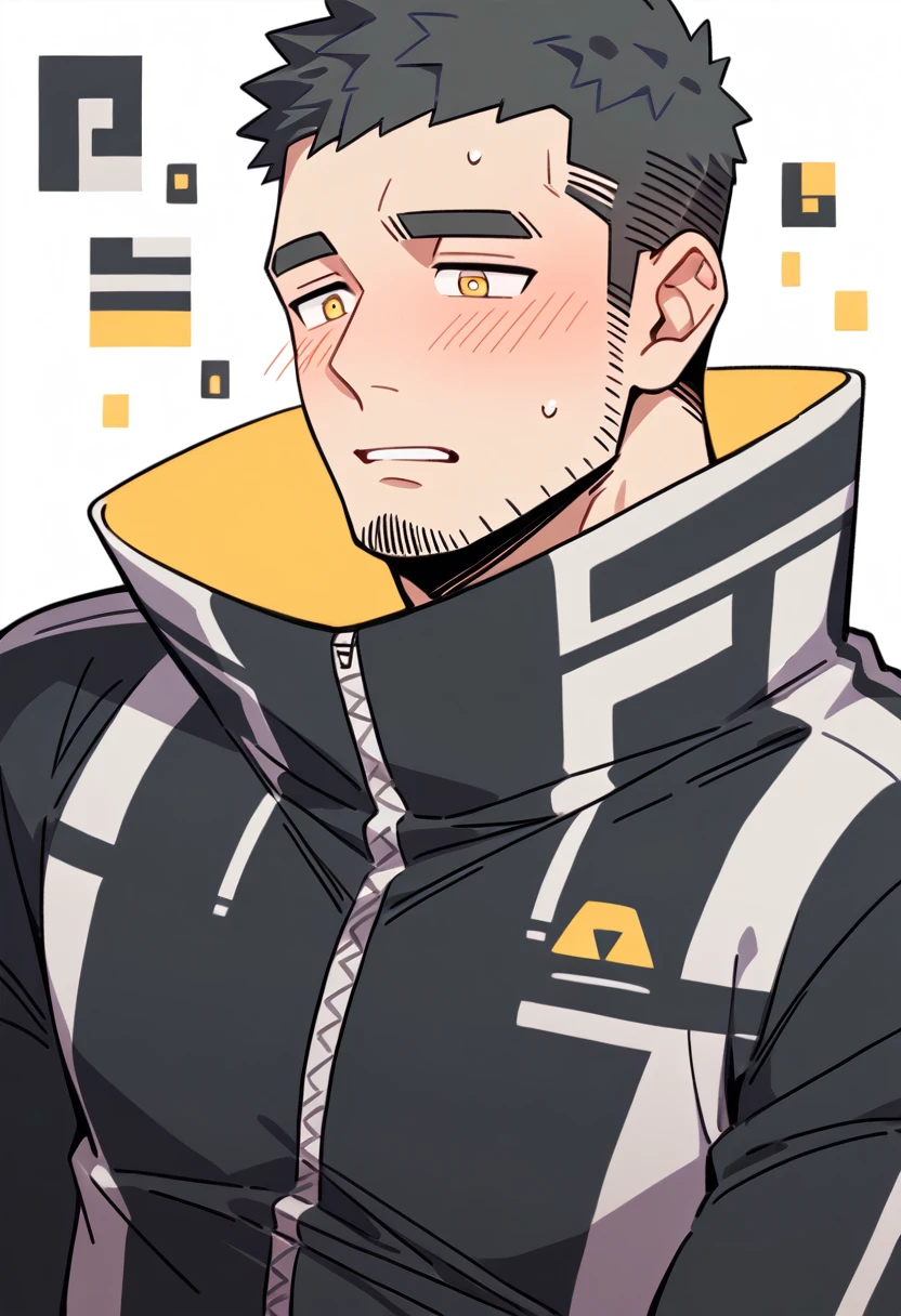 anime characters:Gyee Priapus, Muscle Sports Student, Buzz Cut, Manliness, male focus, Yellow and black striped high collar long sleeve tights, Wear a black high-necked tights inside, Very tight, Regular symmetrical pattern, full and perky chest muscles, muscular male, muscular, only, Upper body, alone, Red short hair, Thick eyebrows, stubble, Brown-red pupils, White background, simple background, amazing quality, best aesthetics, Ridiculous, crew cut, parted lips, flustered, endured face, shy, blush, negative space, best quality