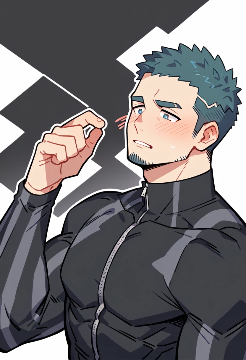 anime characters:Gyee Priapus, Muscle Sports Student, Buzz Cut, Manliness, male focus, Yellow and black striped high collar long sleeve tights, Wear a black high-necked tights inside, Very tight, Regular symmetrical pattern, full and perky chest muscles, muscular male, muscular, only, Upper body, alone, Red short hair, Thick eyebrows, stubble, Brown-red pupils, White background, simple background, amazing quality, best aesthetics, Ridiculous, crew cut, parted lips, flustered, endured face, shy, blush, negative space, best quality