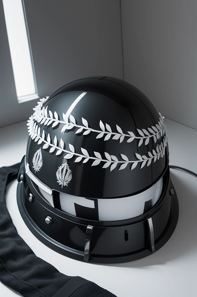 Create a black and white Spartan helmet , with a ray at the bottom and a laurel wreath below