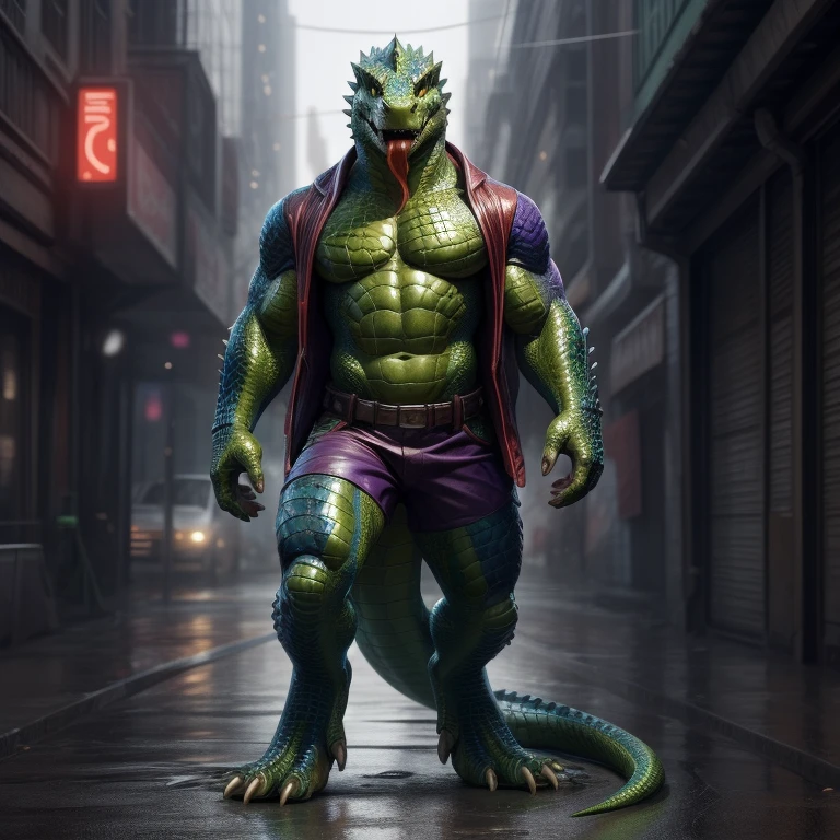 solo, muscular male, marvel, scales, lizard tail, the lizard, 4 toes, 4 fingers, green scales, green skin, rough scales, barefoot, standing, street, detailed scales, yellow eyes, sharp teeth, large scales, no pupils, by null-ghost, ultra realistic, ultra intricate, digitigrade, long tongue out, wet, full body is green, bright red tongue, green belly, lab coat, torn purple shorts, bare belly, feral pose