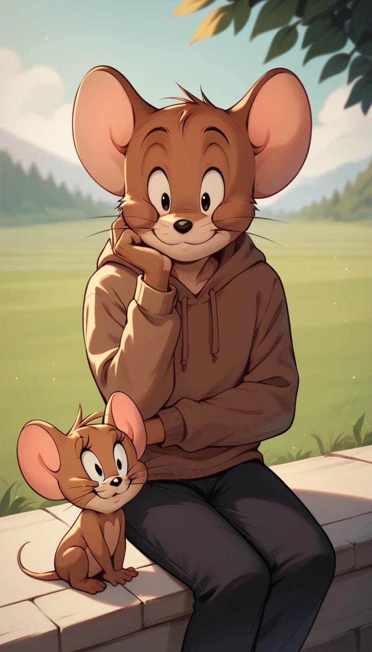 Fraction_9, Fraction_8, Fraction_9, rest, Jerry, mouse, Whiskers, mouse ears, mouse tail, outdoor, Lovely,Brown hoodie,Black pants