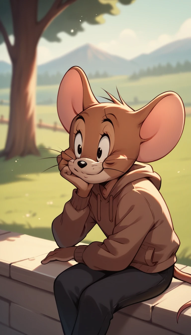 Fraction_9, Fraction_8, Fraction_9, rest, Jerry, mouse, Whiskers, mouse ears, mouse tail, outdoor, Lovely,Brown hoodie,Black pants