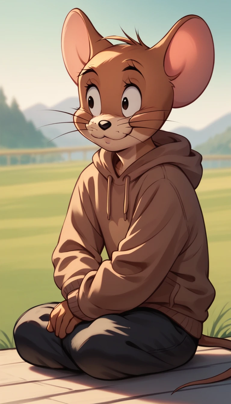 Fraction_9, Fraction_8, Fraction_9, rest, Jerry, mouse, Whiskers, mouse ears, mouse tail, outdoor, Lovely,Brown hoodie,Black pants