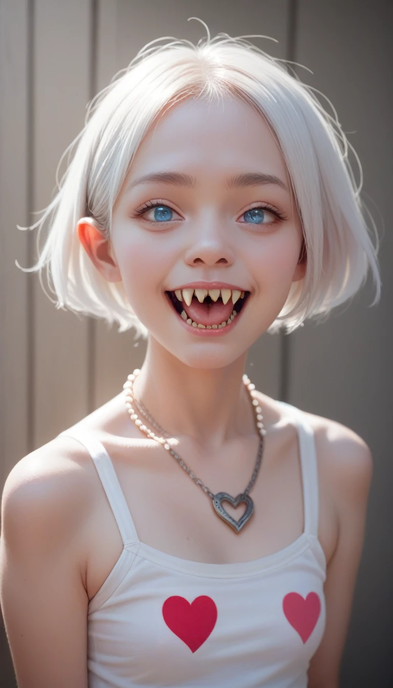 score_9_up, score_8_up, score_7_up, score_6_up,masterpiece, best quality, 1 Girl,small,Small Breasts,short hair,White hair,Sharp Teeth,Fangs,Necklace,blue eyes,heart shaped student,Devil's Horns,blush,(outdoor,pavement,traffic light,Road signs),Looking at the audience
