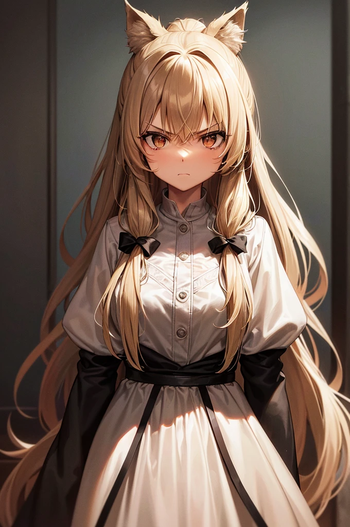best quality, black style, girl, beige skin, hairy skin, beige hair on her skin, brown eyes, long tousled beige hair, hair up, hair up, white dress, black bow, threatening look, determined look, look ahead , look ahead, serious, furry skin, wolf skin. werewolf, werewolf girl, .