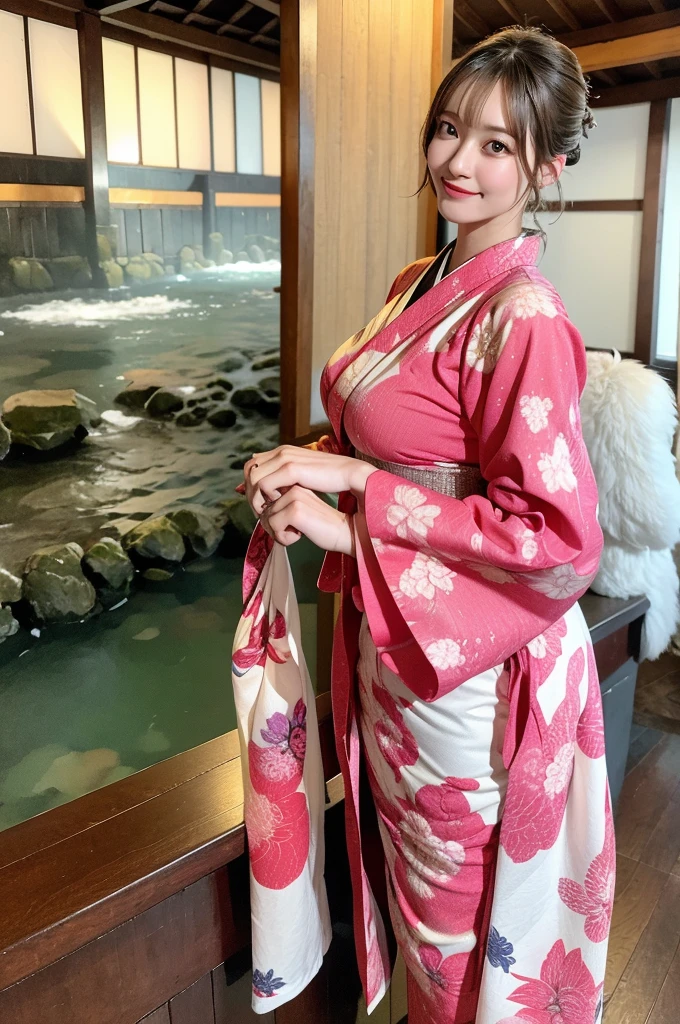 Full body,1girl in,Standing Ryokan,Warm smile(Perfect figure,Be tall and slim),Solo,(plein air:1),skyporn,Focus on the face,Looking at the viewer,Beautiful face,Detailed delicate young face,Very wet skin,(updo hair, flowery kimono, colourfull, sexy lerie),(Beautiful natural breasts, east 80D),(Nic,(nice hand),(lovely thighs), vibrant image,masutepiece, (Best Quality:1.2),Ultra-detailed,Realistic,High Definition,High quality,Cinematic Light,Ray tracing,超A high resolution,nffsw,(Photorealistic:1.4),Intricate details,Detailed texture,Finely detailed,high quality shadow, Background of snowy rain Shirakawago village, Onsen.