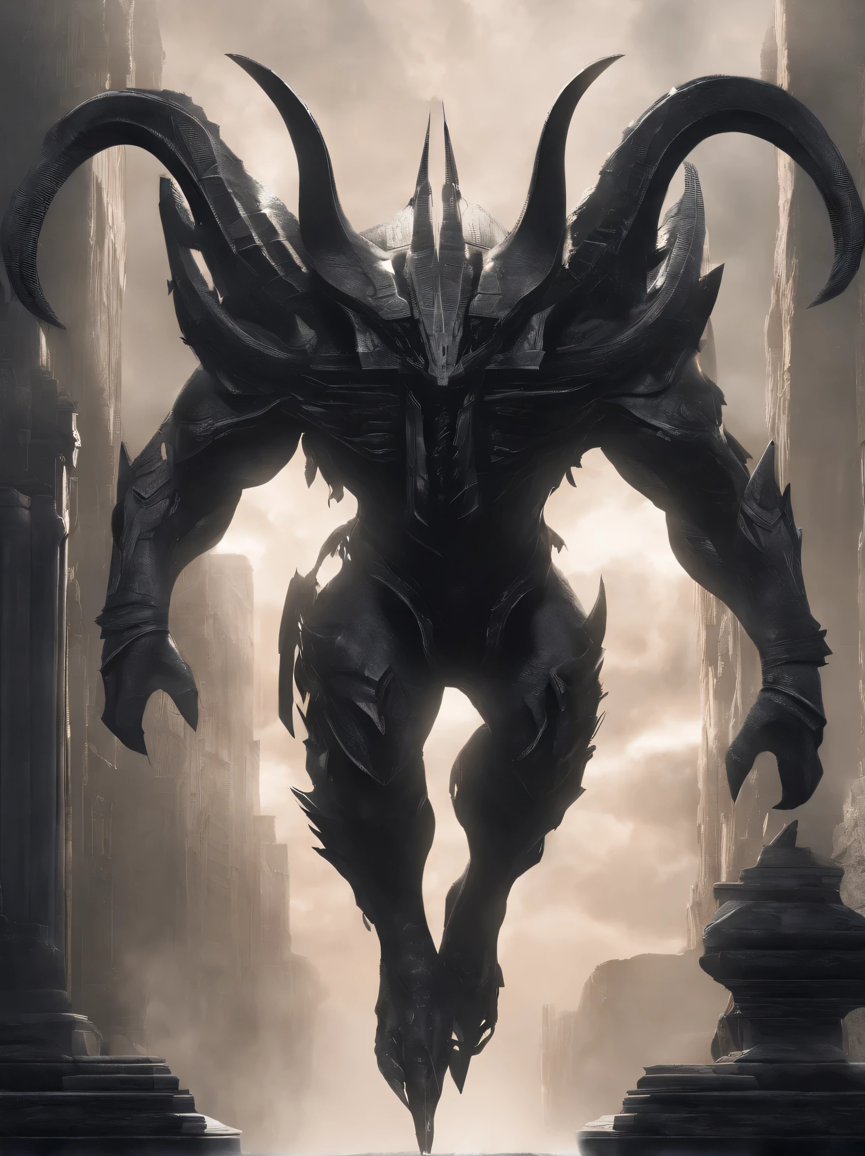 A majestic, imposing beast with black,shiny skin, curved horns, deep-set eyes radiating mysterious light, muscular and powerful body, ancient runes inscribed emitting ethereal glow, detailed shiny black skin texture of dense shadows, curved well-defined horns with solid, shiny substance, intense eyes with subtle shine, environment highlighting duality of mystery and power, carefully chosen lighting to highlight characteristics of each shape without losing details like ancient runes in bestial form