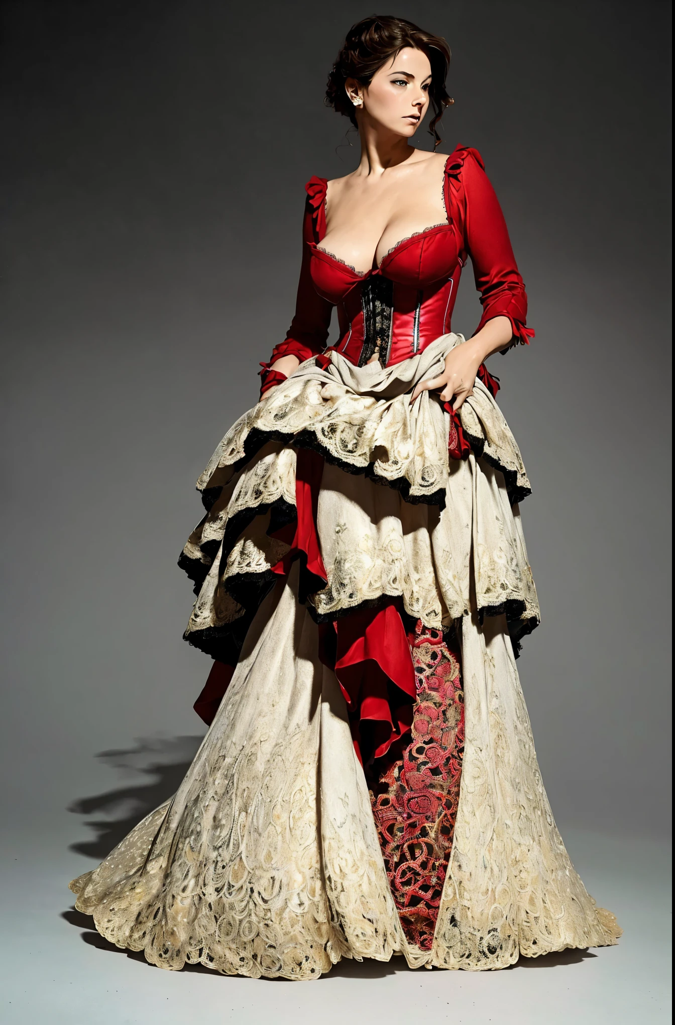 (masterpiece, best quality,photorealistic),portrait,1girl, beautiful,young,realistic,volto mask,red corset,thigh highs, lace gloves,artistic nudity,(small breasts:1.2),(huge sagging:1.3),breasts apart,facing viewer,looking away, full body,((posing for a figure painter)),(HDR:1.2),(vivid colors:1.4),(high contrast),soft lighting,intrincate details,realistic body proportions,fine detail,blank grey background,(((field of depth)))