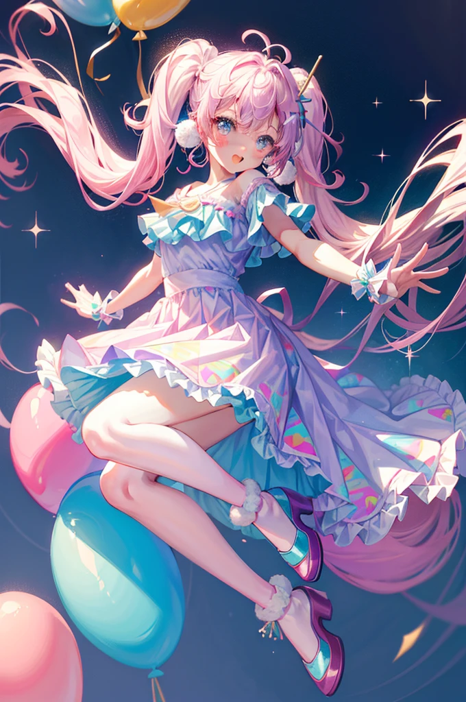 (whole body, legs and shoes visible: 1.2)) Expressive eyes, One girl, Pale skin, Long Hair, Windblown Hair, ((absurdly Long Hair)), Long Side Lock, Princess bangs, Hair bangs, Hair Bun, ((Very long twin tails)), Rainbow Hair, Light pink hair, blush, full face blush, big sparkling Pastel Purple eyes, (Gradient Eye), Laughing with your mouth open, cute pose, ((Holding a balloon : 1.3)) ((cute and pastel fashion)) ((🦄🎠🎈🎉 theme : 1.4)) A loose pastel dress, ((Dreamy multi-colored open dress)), (Floating ribbon), Lavender Frill, Pink frills, (Light blue lace), Removable short sleeves, Fluffy skirt, ((Rainbow and star printed skirt : 1.3)), Lolita Skirt, Purple ribbon, ((pom pom ribbon hair ornament : 1.4)), Multiple Bows, Striped lace stockings, (heart型のレッグガーター), cute (Pastel Purple) shoes ((Ultra-detailed clothing and fashion)) I'm watching you, Vintage Girl, blush, (Beautiful attention to detail), (Highly detailed CG Unity 8k wallpaper) (Best Shadow), ((Very delicate and beautiful)), (Detailed light), ((Depth of written boundary)) Big Head, Big, bright eyes, Moe, Splash Art, Cinema Lighting, Front view, volumetric lighting maximalist photo illustration k resolution high resolution intricate detailed complex key visuals precise linear ((Dreamy pastel sky background, Surrounded by sunset clouds, shooting star, Castle above the clouds)) ((Ultra-detailed landscapes, Foggy clouds, Hung by balloons, heart : 1.3))